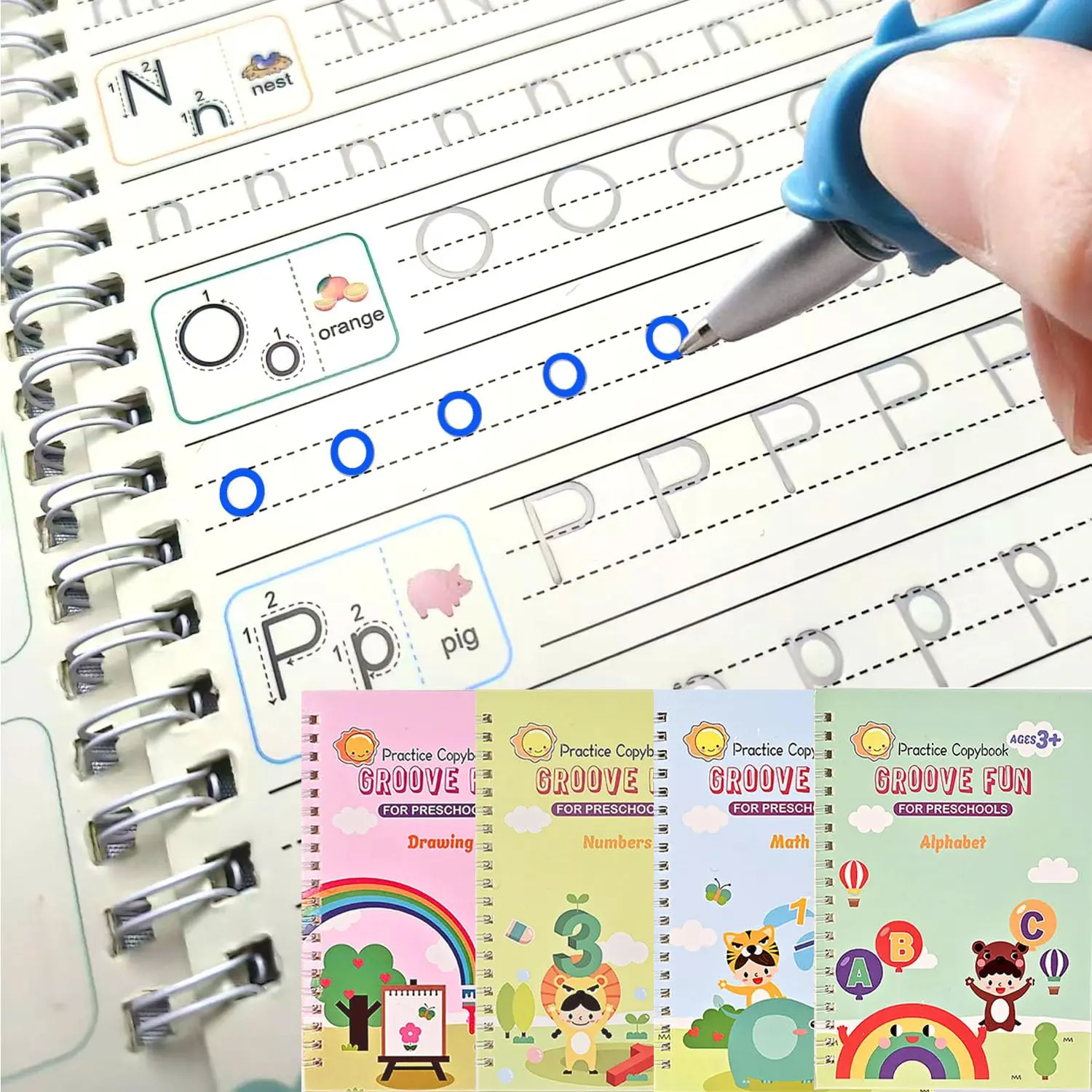 4 Pc Magic Grooved Practice Copybook,Reusable Letter Tracing Books,Handwriting Practice Book and Preschool Learning Activities, Writing Practice for Kids Ages 3-8 Calligraphy (4pc+Pens)（7.4in x 5.1in)