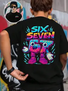 Black "SIX SEVEN" Robot 7th Birthday Boy Tee - 2026 Trending Neon Graffiti Kids Outfit, Soft Cotton Perfect for Birthday Parties & School