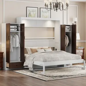 Queen Size Murphy Bed Wall Bed with Closet ,Drawers and Table,White