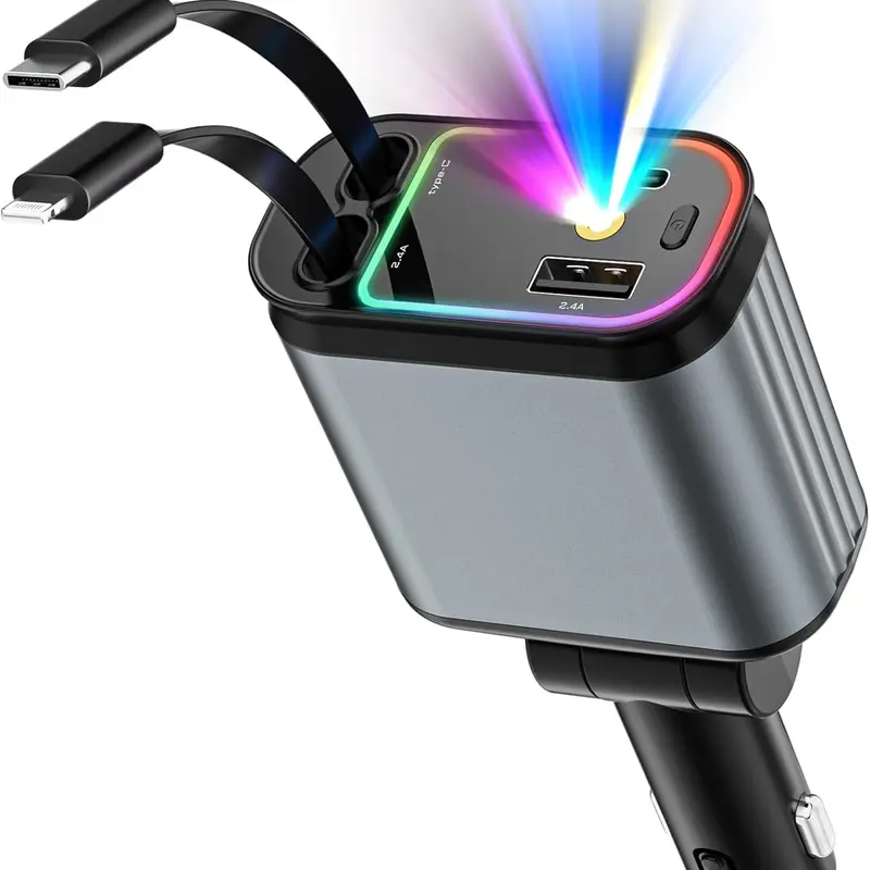 66W 4-in-1 Retractable Extendable Type C Car Charger with Starry Sky Design, Upgraded Multi-Device Charger with 2 USB-A Ports, Fast Charge for iPhone 16 & Android, Car Electronics Accessory