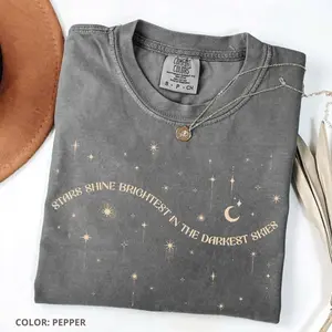 Comfort Colors Shine Bright in Darkness Shirt, Vintage Celestial Astrology Tee, Witchy Feminist Graphic T-Shirt, Mystical Cosmic Starry Night Women’s Casual Gift - Womenswear