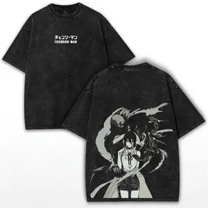 Chainsaw Man Reze Bomb Devil Washed Vintage T-Shirt, Black and White Anime Graphic Print, Unisex Oversized Cotton Short Sleeve, Streetwear Tee for Men Women Teens, Grunge Aesthetic, Otaku Fan Gift