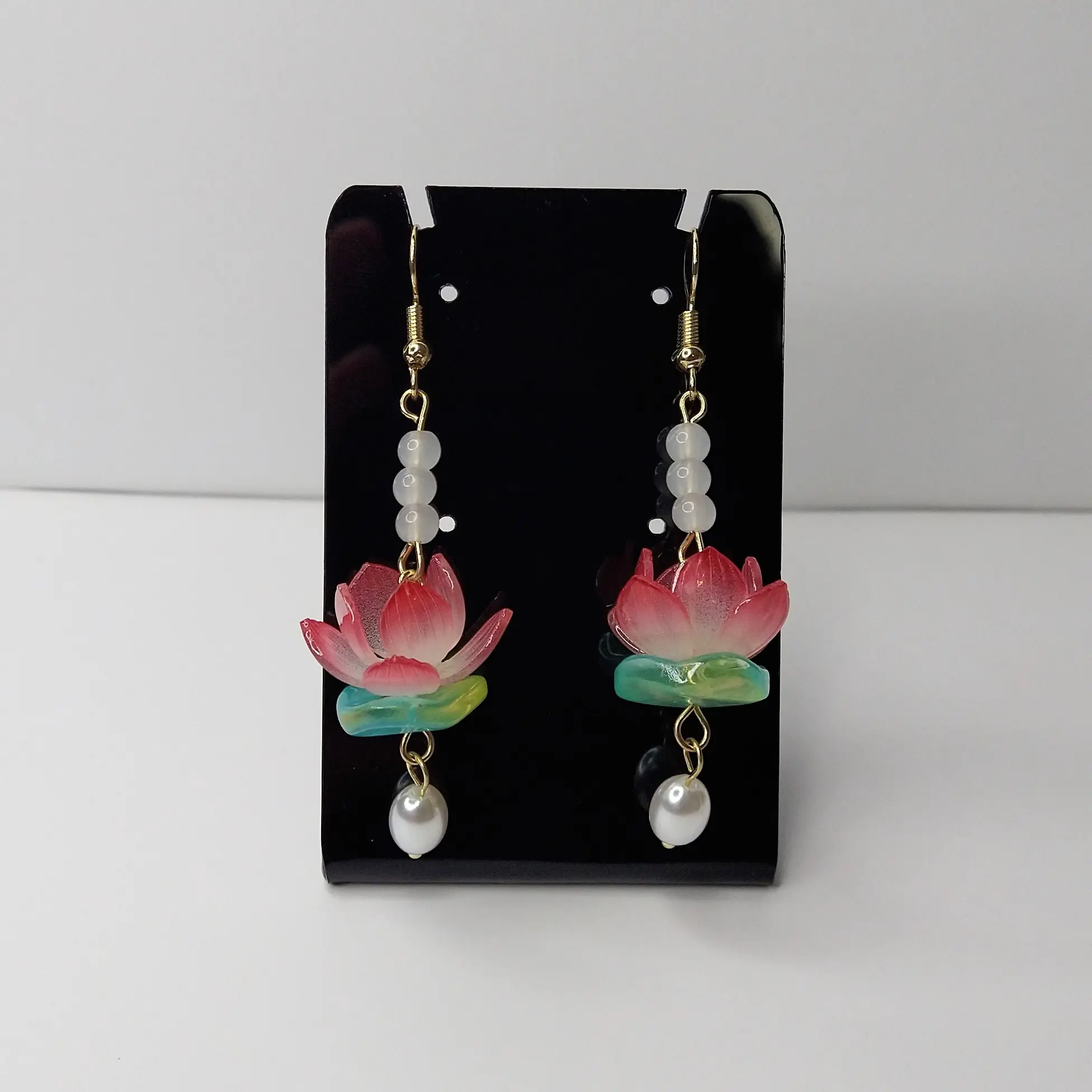 #488 Pink Lotus Flower with Green Leaf, White Beads & Faux Pearl Earrings- Casual Everyday Jewelry