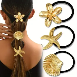 3pcs Golden Hair Ties, Metal Hair Ties Thick Hair, Elegant Durable Geometric Design, Golden Hair Accessories Stretchy and Non-Damage Ponytail Holders, Ocean Pattern 3 Style, Hair Styling, Minimalist Hair Bands, Elegant Design, Highquality Hair Bands, Mul
