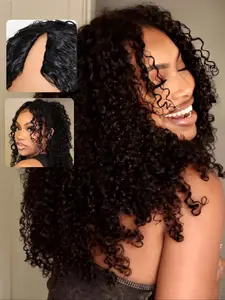 V Part Wig Human Hair Burmese Curly Upgrade U Part Wigs for Black Women Human Hair Vpart Wigs Curly Glueless Wig 180% Density Natural Black Color Kinky Curly Wigs Beginner Friendly No Glue Wig Perfect for Daily Use, Women's Fashion Accessories