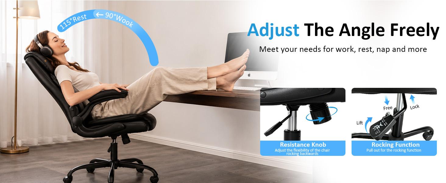 YUBAO Adjustable Ergonomic Chair for Adults - PU Leather, High-Density Sponge Padded Seat, Lumbar Ergonomic Support, Swivel Armrests, Foldable for Small Spaces, Work From Home Setup, Supportive Sitting, Requires Assembly Office Furniture, Wfh Setup