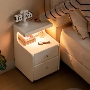 Wayshome White Wood Nightstand with LED Lights and Wheels, Modern Night Stand with 2 Storage Drawers and Open Shelf, Small Bedside Tables for Small Space, Wood Side Table for Bedroom, Dorm 13.78"D x 13.78"W x 21.85"H
