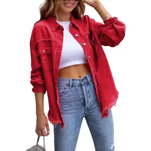 Womens Oversized Ripped Denim Jacket Frayed Hem Button Front Boyfriend Jean Coat with Pockets