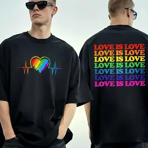Rainbow Heartbeat Love Is Love Double Sided T-Shirt, LGBTQ+ Pride Casual Tee Sweatshirt Menswear