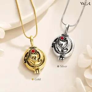 Round Locket Pendant Necklace Red Gemstone Gold Silver Tone Statement Jewelry for Women Girls Daily Wear Gift