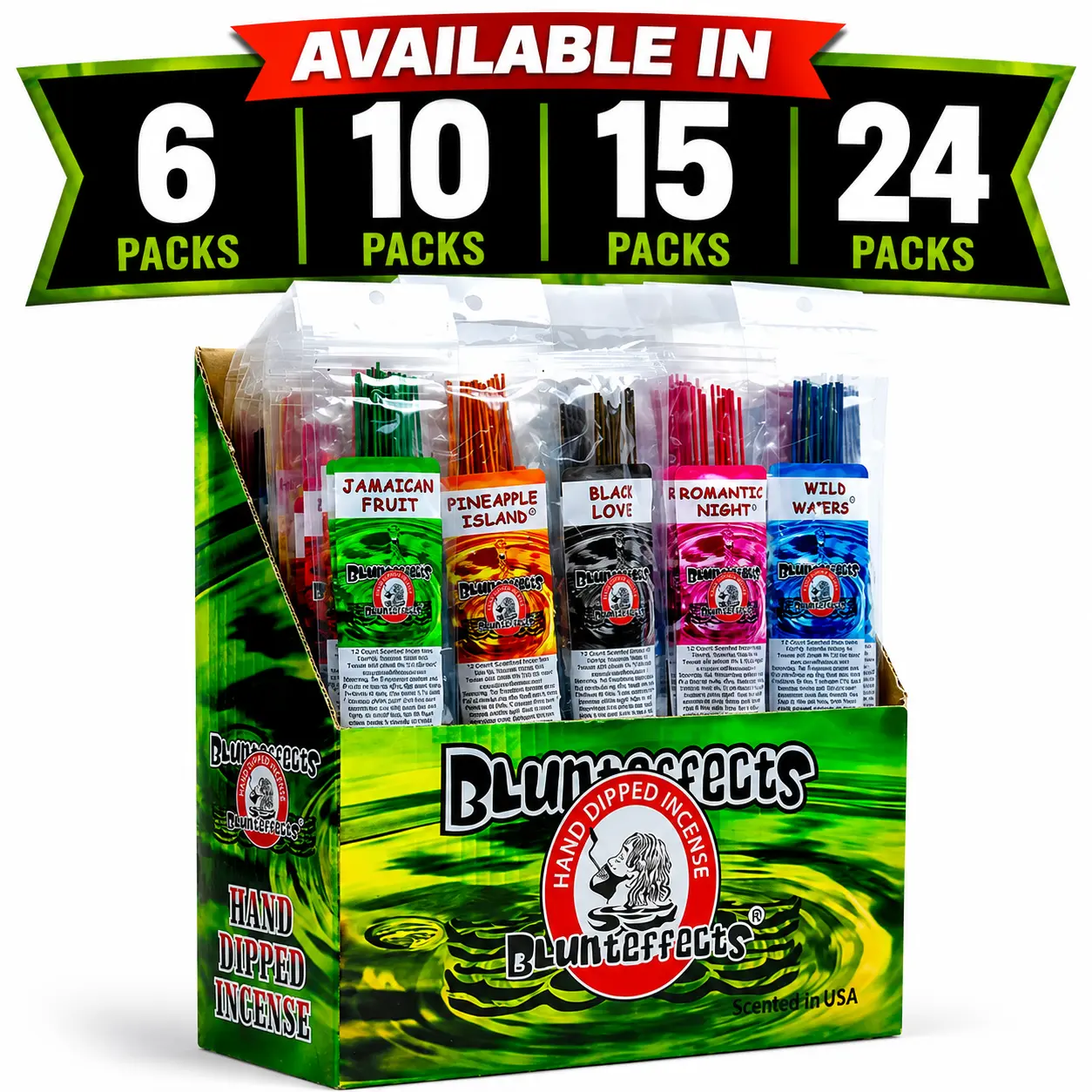 Blunteffects Hand-Dipped Incense Sticks - USA-Made 11" Aromatherapy with Long Burn Time, 48 Assorted Essential Oil Scents (Plant-Derived, Fruity Blue Fragrance), Odor Removal, All Seasons Premium Variety Pack Boxes