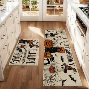 2Pcs Night Ghost Pumpkin Lantern Black Cat Wizard Hat Floor Mat Set Farmhouse Kitchen Rug Dining Room Flooring Laundry Room Decor Carpet Mat, Household Decorative Rug