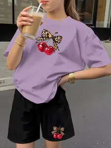 Teen Girls Casual 2-Piece Set, Summer Clothing Set, Leopard Print Bow Cherry Tee & Loose Shorts, Sweet Cool Style, All-Over Print, Fitted Suit