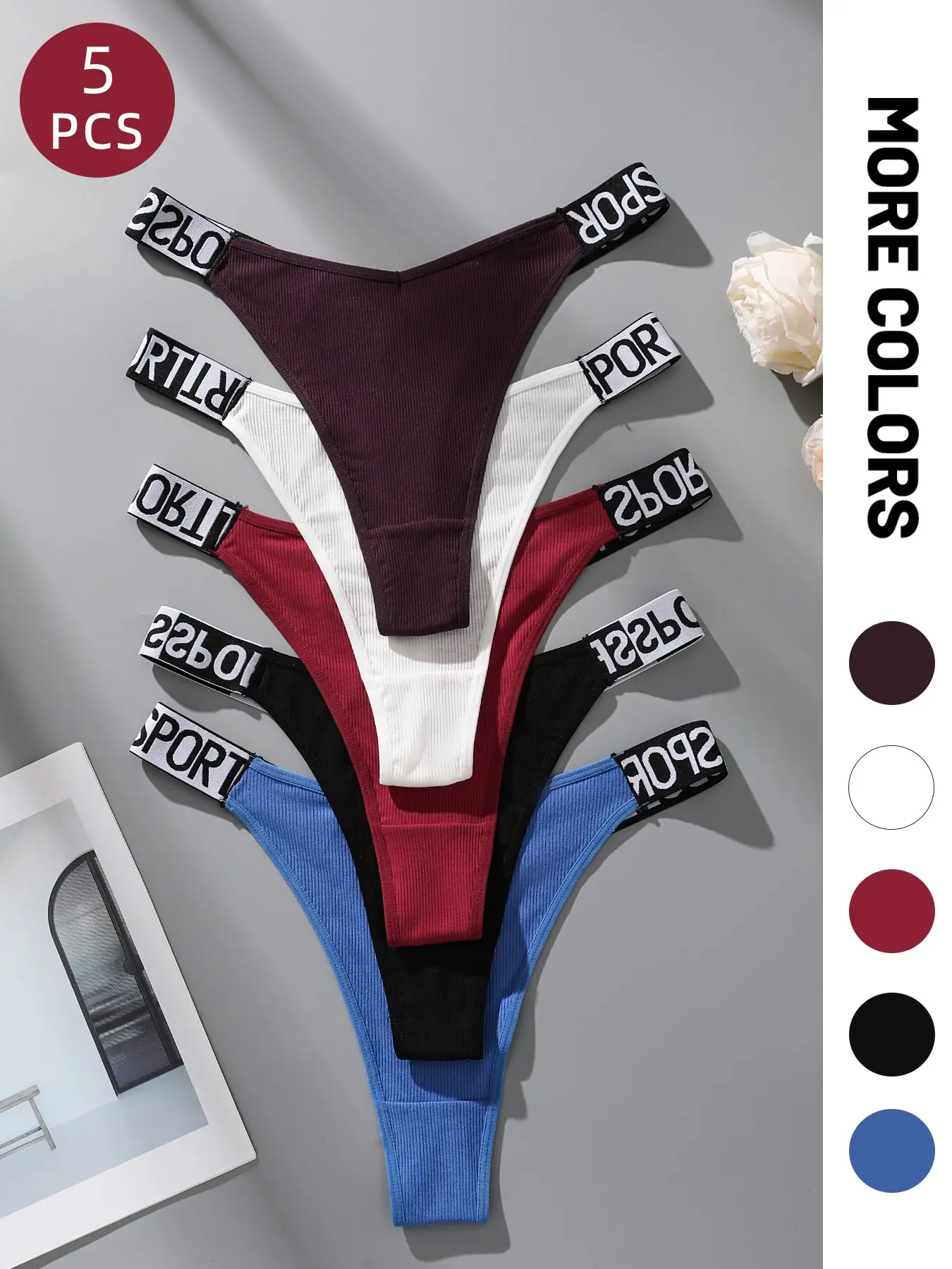5 Pcs Women's Sporty Activewear Athletic Thong Underwear Panties, Fitted Panty, Knitted Stretch Underwear, Letter Webbing Low Waist T-Style, Pure Cotton Breathable High Elastic Fit Skin-Friendly, Fashionable Personalized Lingerie