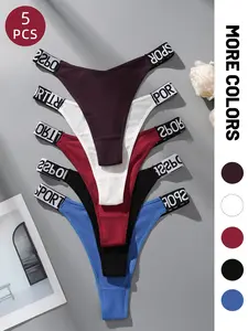 5 Pcs Women's Sporty Thong Underwear Panties, Letter Webbing Low Waist T-Style, Pure Cotton Breathable High Elastic Fit Skin-Friendly, Fashionable Personalized Lingerie