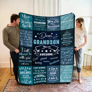 Grandma and Grandson Quotes Flannel Blanket - Soft All-Season Bedspread with Grandson's Name Personalized, Blue and Black Sentimental Gift Suitable for Grandparents, Sofa and Bed Cover (Easy Care Family Keepsake), Winter Blanket, Christmas Blanket, Neutra