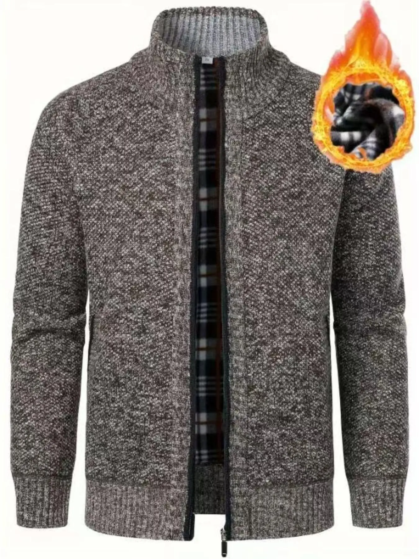 Men's Knitted Cardigan Sweater Jacket, Winter New Casual Stand Collar Fleece Lined Thick Coat, Easy Care Daily Wear, Warm Youth Zipper Pullover Long Sleeve Outerwear