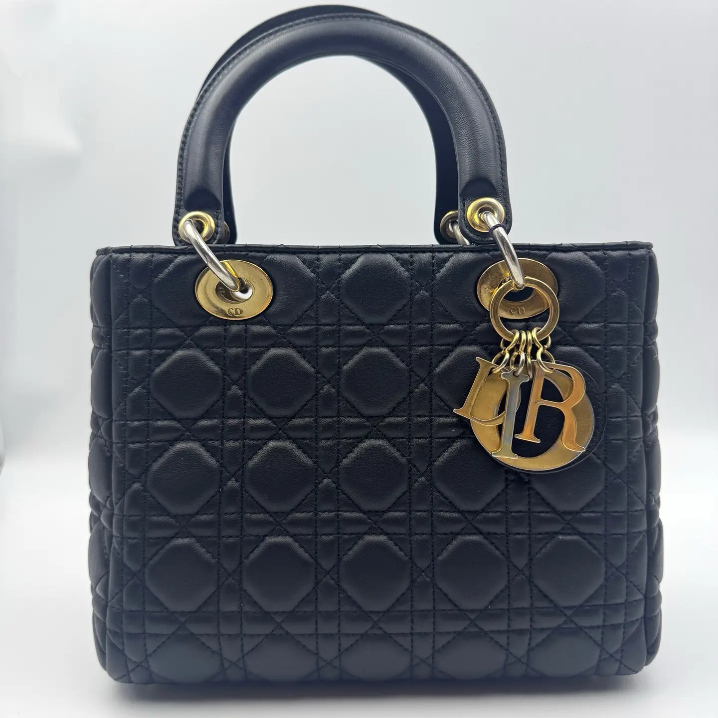 Pre-owned Dior Lady Dior, Black Cannage Calfskin Leather, Two‑Tone Gold & Silver Hardware, Top Handle Bag