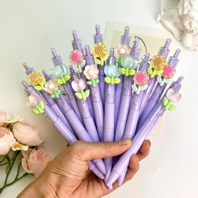 30/50Pcs Milk Purple Contrast Color Flower Fairy Press Neutral Pen, Glitter Petals + Green Leaf Silicone Patch, Spring Daily Writing Stationery Aesthetic Pens Ballpoint Pen (15/25 Pens + 15/25 Refill) Pen Set