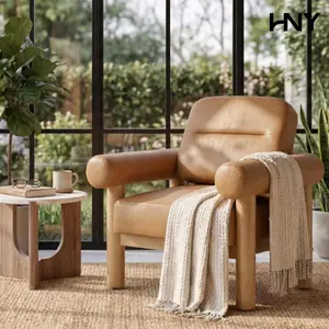 HNY Modern Accent Chair, Faux Leather Barrel Chairs, Comfy Side Arm Chairs with Solid Wood Frame for Living Room,  Aesthetic Room Decor, Light Brown