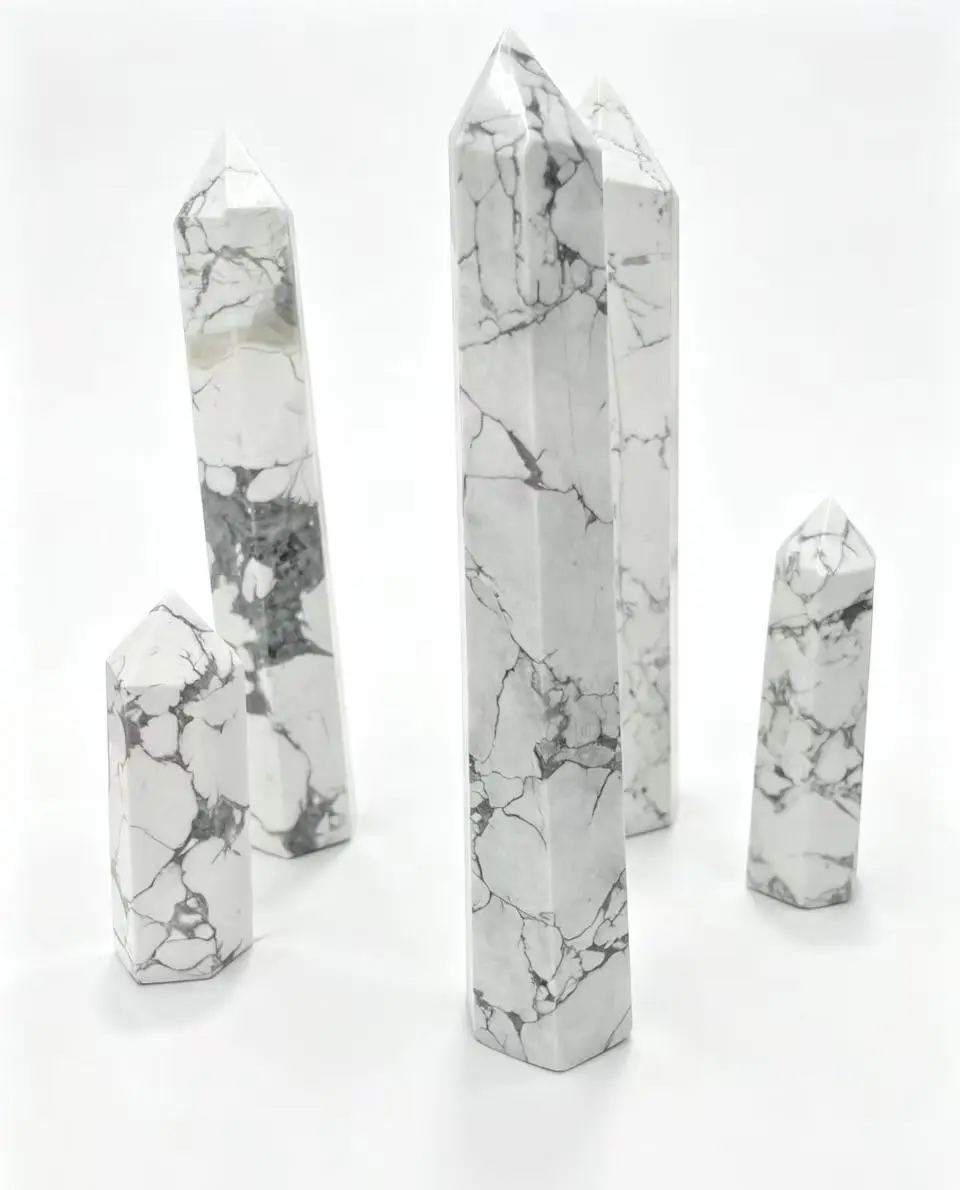 Polished White Howlite Crystal Wand with Grey Veins, a Luxury Natural Stone for Meditation, Calming Room Decor & Collectibles, Home, House Decor, Wand Shape, Luxury Natural Crystal Decorations, Glamorous Natural Crystal Decorations