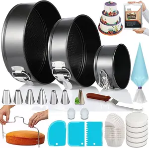 100PCs Cake Pan Sets for Baking - Cake Decorating Kit with 3 Nonstick Springform Pans (4, 7, 9 Inch), Piping Tips, Cake Leveler – Multifunctional Cheesecake Pan, Baking Supplies Gift & eBook - Baking set Bakeware Disposable