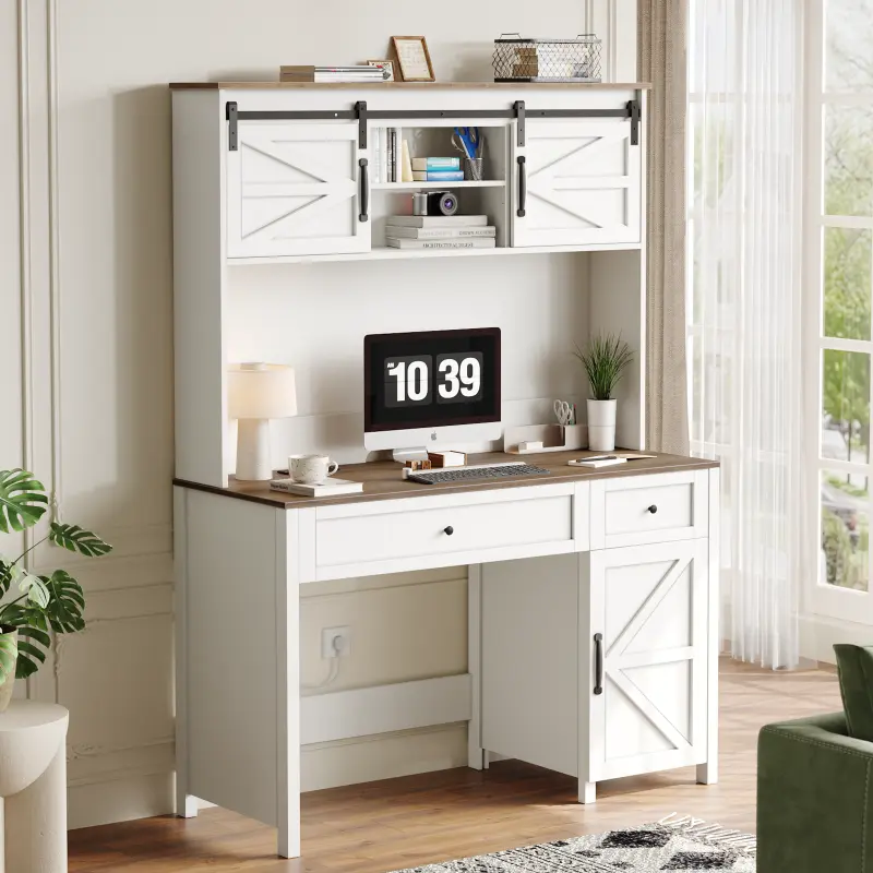 (High end and high-quality Computer desk)47" Farmhouse Executive Desk with Drawers, Wood Home Office Desk w/Charging Station, File Drawer, Storage Cabinet, Rustic Computer Writing Desk. White 47.24''W x 19.69''D x 67.91''H.
