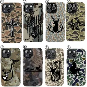 Hunting camouflage phone case, featuring antler and cross design, wolf forest silhouette, lowland camouflage, compatible with iPhone 17/16/15/14/13/12/11 Pro Max/Plus and Samsung Galaxy S23FE/22/23/24/25.