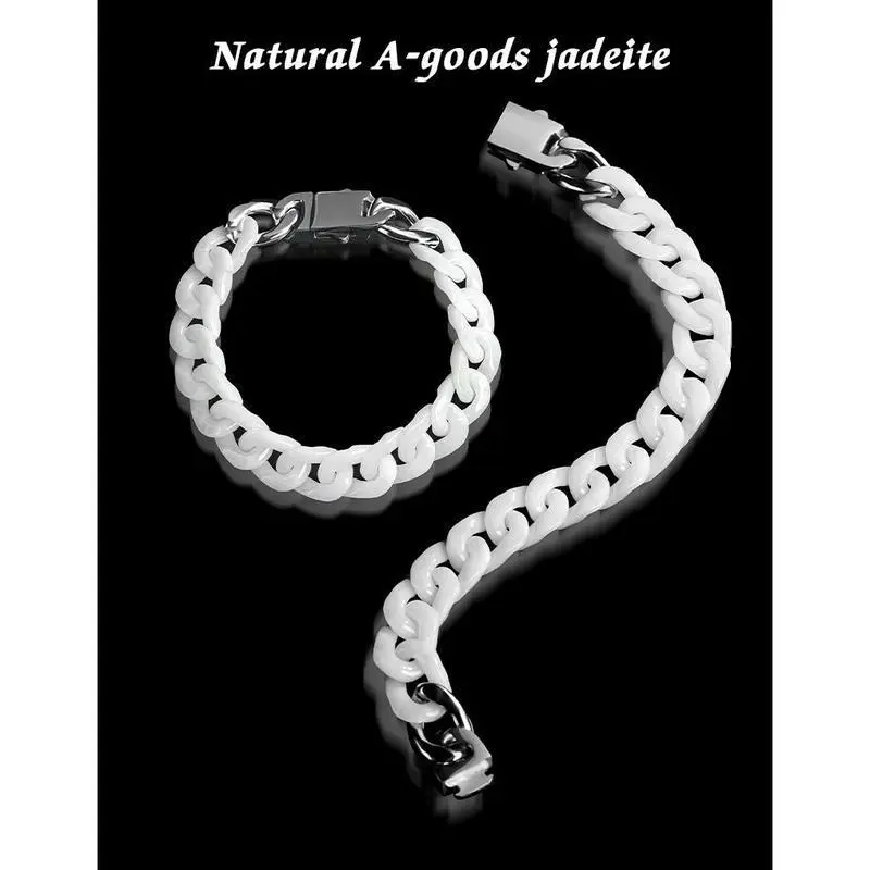 Natural Jade Cuban Chain Bracelet, Jade Titanium Steel Hip Hop Style, Unisex Retro Jewelry, Mysterious Oriental Aesthetic Design Natural Jade Cuban Chain Bracelet, Jade Titanium Steel Hip Hop Style, Unisex Retro Jewelry, Mysterious Oriental Aesthetic Design