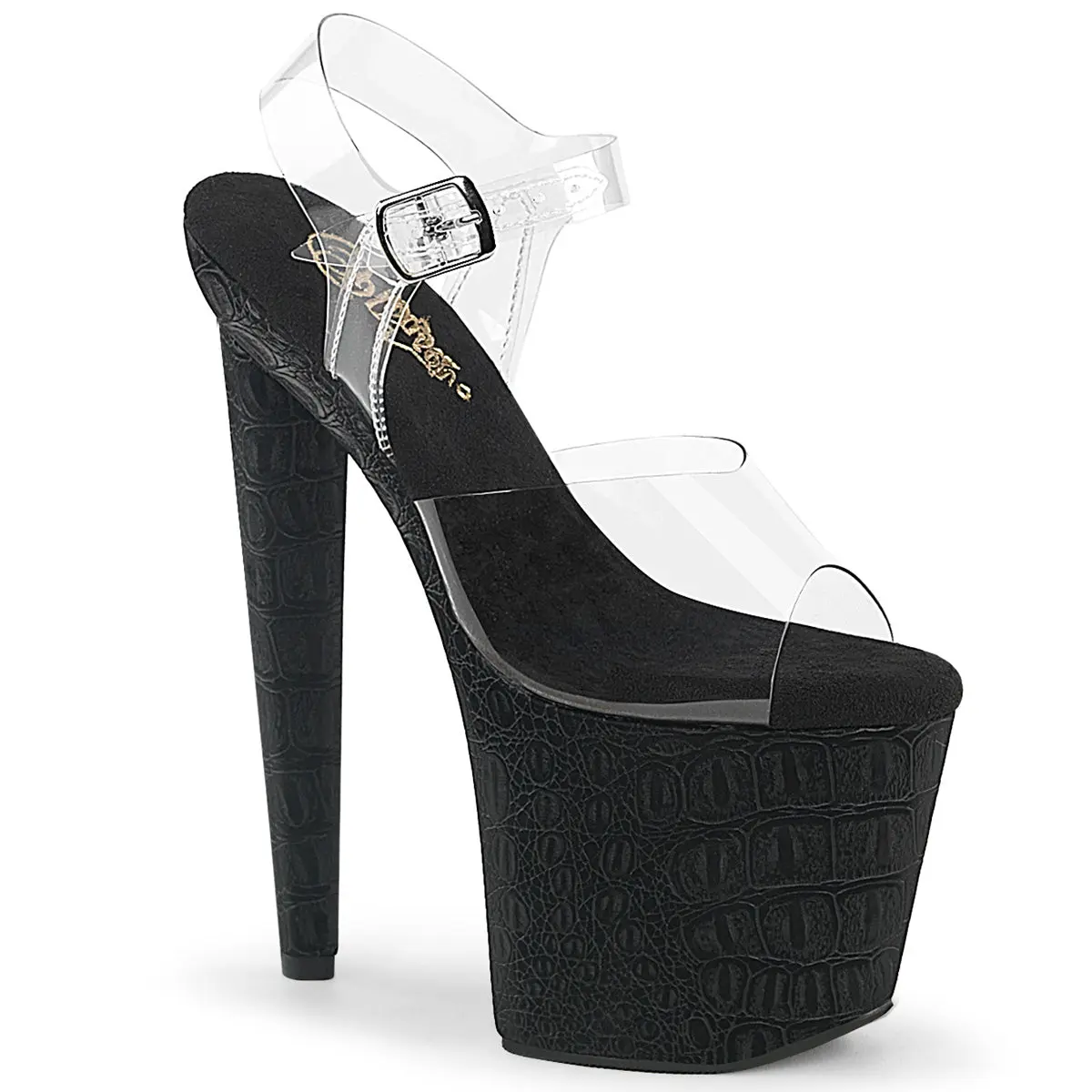 Pleaser Razzle-808WR Women's Stylish, Classy High-Heeled Platform Sandals - Clear/Black Reptile Print Footwear, Shoe, High Heels