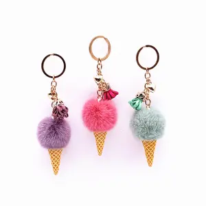 2026 Trendy Ice Cream Plush Keychain Cartoon Cone Pom Pom Pendant Fashion Bag Car Key Ring Creative Daily Gift Ornament