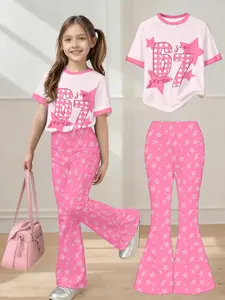 Girls' Fashion Starprint Short Sleeve Top & Bell Bottoms Set, Casual Comfortable, All Seasons, Kids Clothing