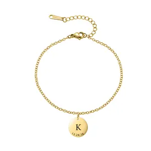 Personalized Initial Letter Bracelet Custom Date Pendant Disc Bar Necklace Stainless Steel 18k Gold Plated Waterproof Jewelry Father's Day Gift for Husband