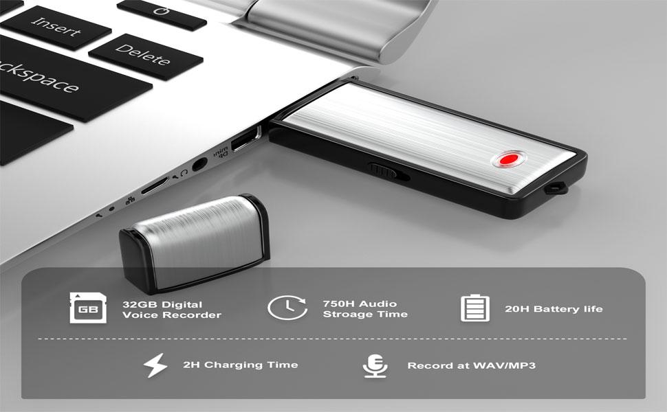 32G recorder, digital audio recording device, with 750 hours of recording capacity, noise reduction function, USB recording device, rechargeable recorder, suitable for lectures, interviews, conferences, and classes