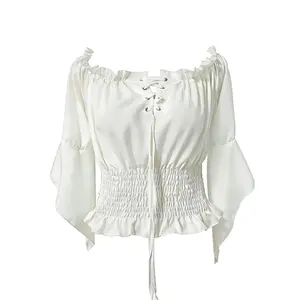 Women's Cross-border Design Featured Temperament  Renaissance Farmer Shirt Shoulder Bell Sleeve Top Medieval Pirate Corset