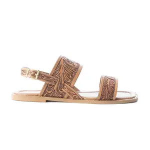 Myra Wildflower Wanderer Handtooled Leather Sandals for Women â€“ Ankle Buckle Strap, Western Floral Carving, Everyday Comfort