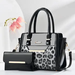 Faux Patent Leather Leopard Print Satchel Handbag for Women 2PCS Set - Top Handle Tote Purse with Detachable Wallet & Shoulder Strap, Black Glossy Animal Print