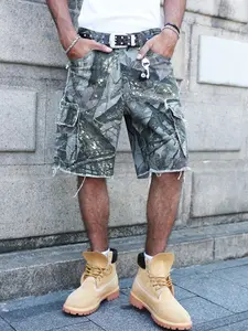 Men's Vintage Camouflage Loose Fit Workwear Denim Shorts, High Street Distressed Frayed Design, Summer Casual Street Dance Outdoor Pants, Fringe, Menswear, Fashion