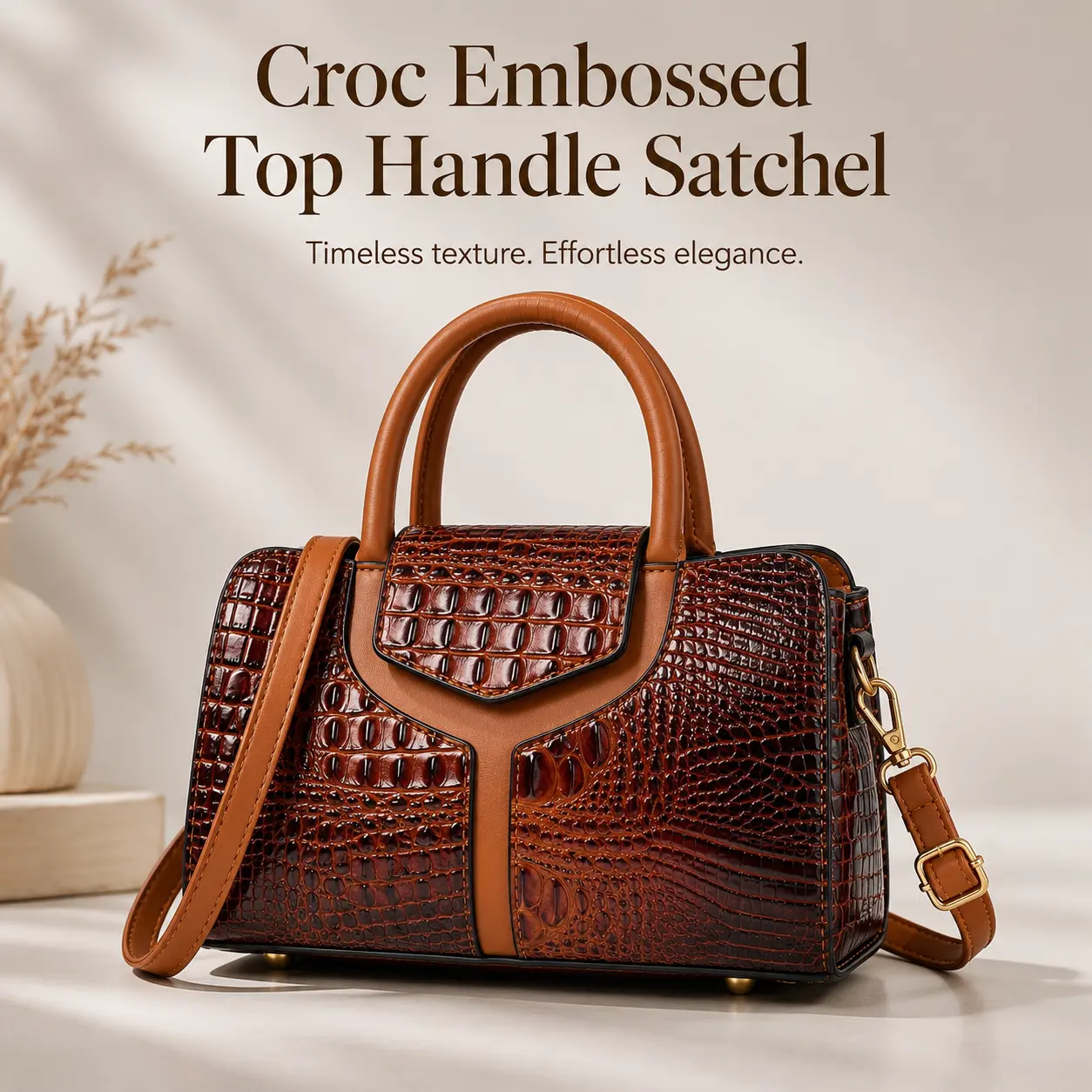 Women's Ccluna Vintage Crocodile Pattern Faux Leather Handbag - Structured Top-Handle Satchel, Adjustable Strap Crossbody Bag for Women, Handbags For Women