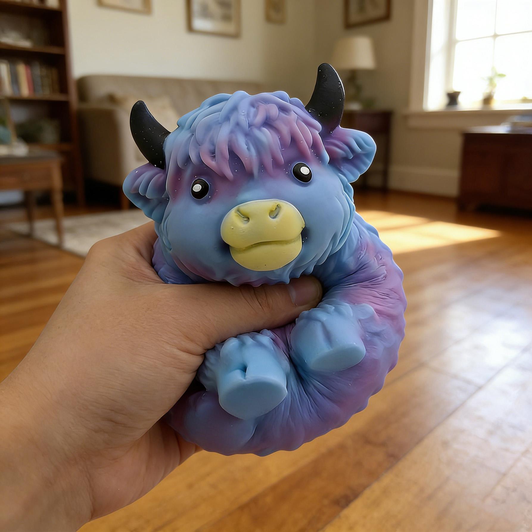 Highland Cow Squishy Statue Cute Scottish Resin Miniature Calf Figurine Squeeze Toy Slow Rising Kawaii Squishy Decompression Toy TikTok Trending Stress Relief Gift for Cow Lover Halloween Christmas Present