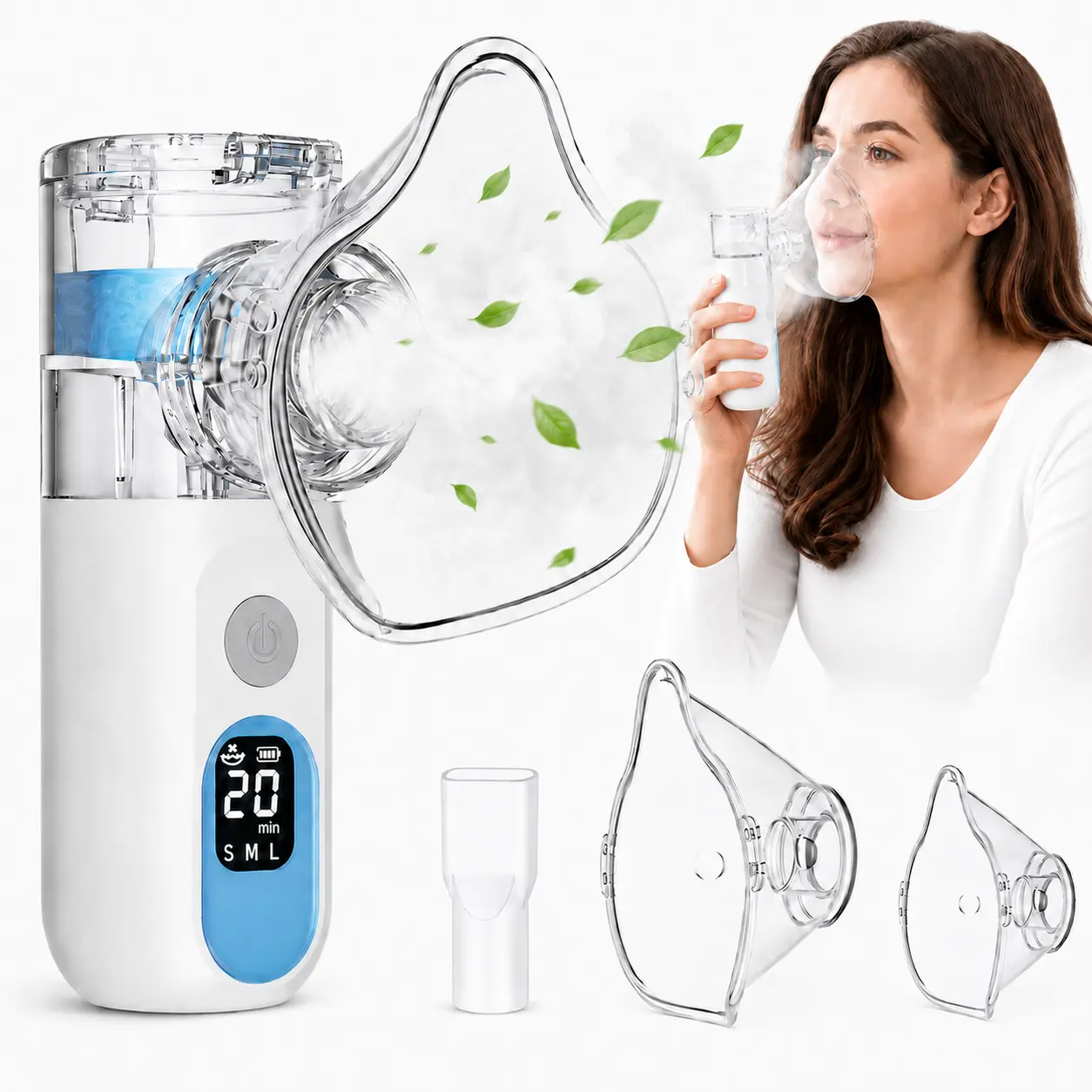 Portable Mesh Nebulizer - Rechargeable Handheld Medical Device for Adults & Kids, Smart LED Display, 3 Mist Levels, 20-Min Timer, 5s Self-Cleaning, Quiet Operation, Masks & Mouthpiece for Home & Travel