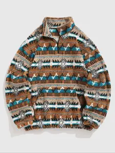 Men's Ethnic Pattern Zip Up Kangaroo Pocket Plush Sweatshirt, Menswear Casual Boho Style Drop Shoulder Long Sleeve Fuzzy Outerwear, Fall & Winter Clothes classic design everyday essential versatile comfort wear