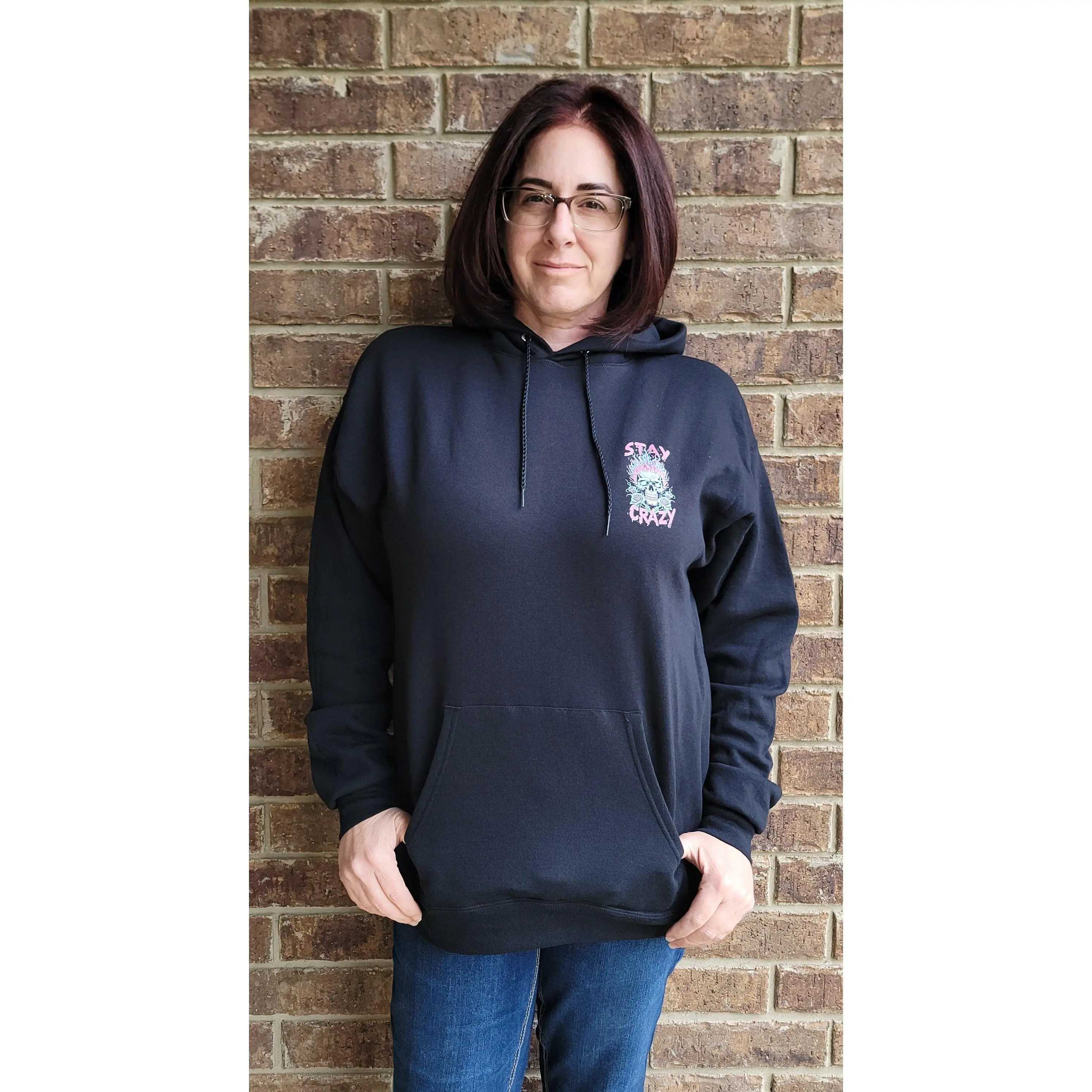 Stay Crazy Unisex Pullover Hoodie - Black EcoSmart Fabric with Roomy Front Pocket & Double-Needle Seams for Comfort and Style