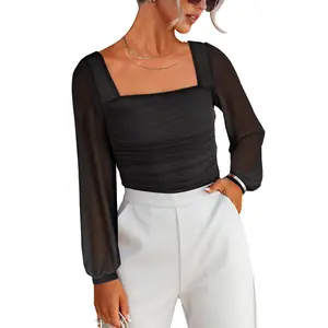 ANRABESS Womens Square Neck Puff Mesh Long Sleeve Tops Double Lined Dressy Casual Blouses Shirts 2025 Going Out Fall Clothes