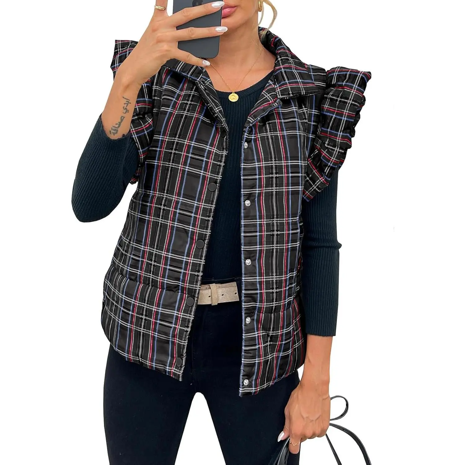 Casual Plaid Puffer Vest for Women - Cropped Fit Lightweight Quilted Outerwear with Ruffled Sleeves and Warm Pockets, Fabric, Check, Coats, Button, Fashion Apparel, Short Length, Leggings, Skirts, Outdoor, Tops, Dry Clean