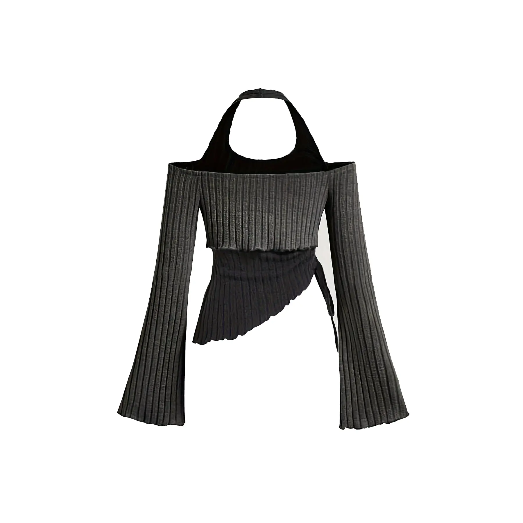 Women's Polyester Knit Spliced Halter Neck Long Sleeve Slim Fit Casual Basic Minimalist Blouse, Ladies' Longsleeves Shirt Top