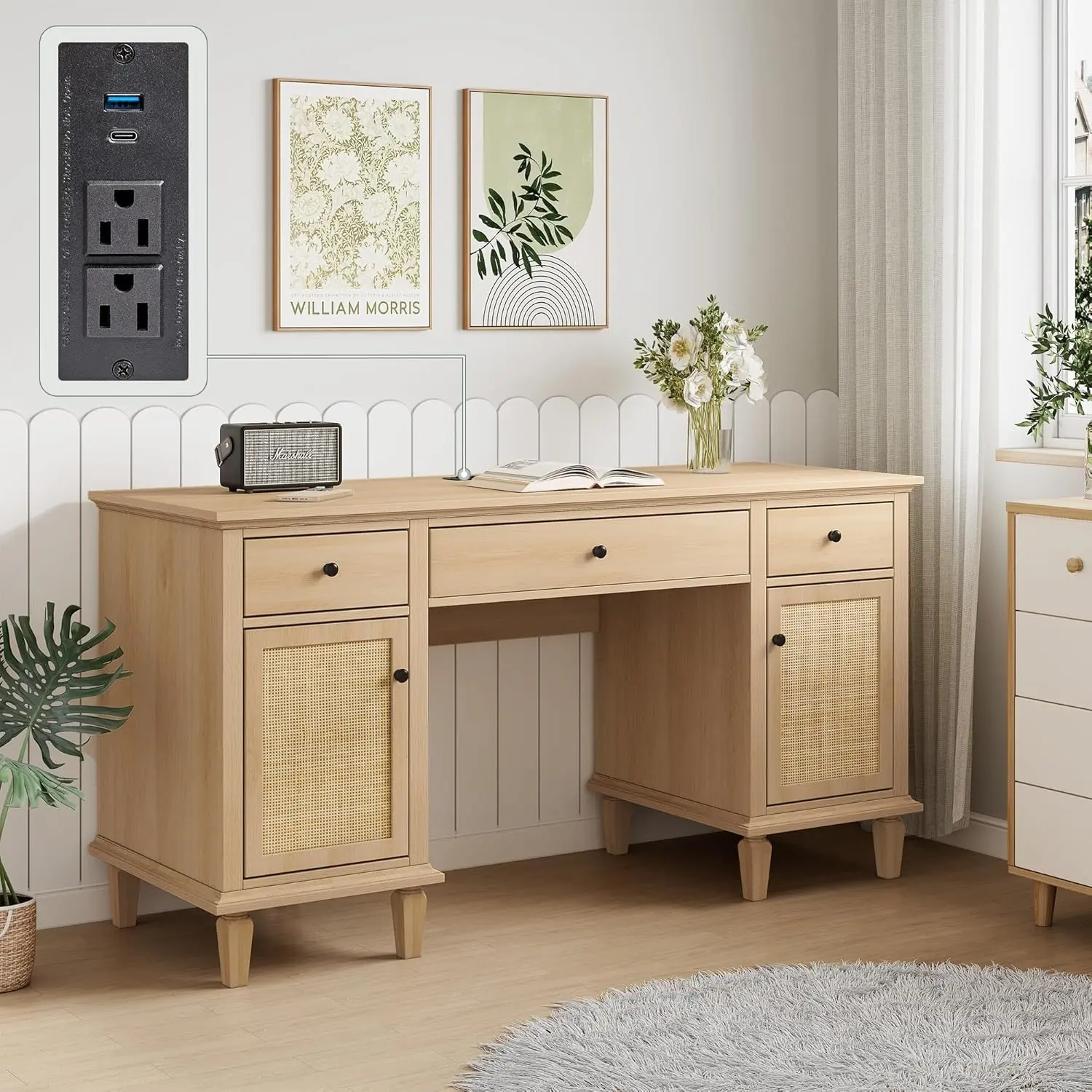 Yechen 58" Modern Executive Functional Table - Home Office Workstation with Natural Rattan Door, 3 Drawers, 2 Cabinets, Charging Port Plug, Easy Setup Golden Oak Boho Modern Study Table for Study, Work, Mid-Century