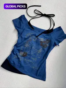 Women's 2 in 1 Floral & Letter Print  Halter Tee, Y2k Casual Top for Summer, Ladies Clothes for Daily Wear