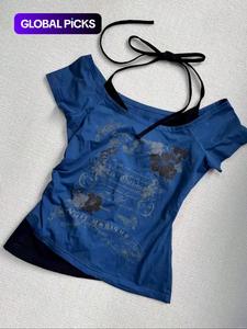 Women's 2 in 1 Floral & Letter Print  Halter Tee, Y2k Casual Top for Summer, Ladies Clothes for Daily Wear