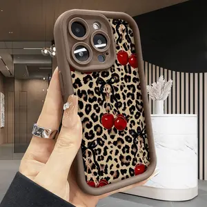 Case for iPhone 17 Air 16 15 14 Pro Max 13 12 11 X XS E Plus Cherry Leopard Style Shockproof Drop Protection Rugged Durable Silicone Cover Cellphone Protective Smartphone Casing